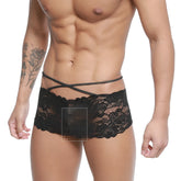 Black lace MetroMaleWear Molino trunk underwear with crisscross elastic straps front view