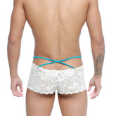 White lace men’s briefs with turquoise cross-back straps shown from the back in metromalewear molino trunk white 1034-00
