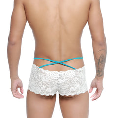 White lace men’s briefs with turquoise cross-back straps shown from the back in metromalewear molino trunk white 1034-00