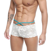 MetroMaleWear Molino trunk white lace men’s underwear with turquoise elastic straps for stylish comfort