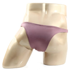 A shimmering mauve satin thong displayed on a mannequin from MetroMaleWear Monaco Bikini Lilac 6010-03