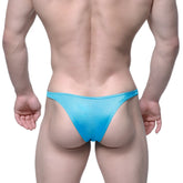 A vibrant blue shimmering fabric thong with smooth slightly translucent texture from MetroMaleWear Monaco Bikini Turquoise 6010-08