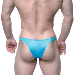 A vibrant blue shimmering fabric thong with smooth slightly translucent texture from MetroMaleWear Monaco Bikini Turquoise 6010-08