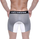 Back side of black and white checkered metro male wear mosaic mid boxer briefs with white panel and branded black waistband