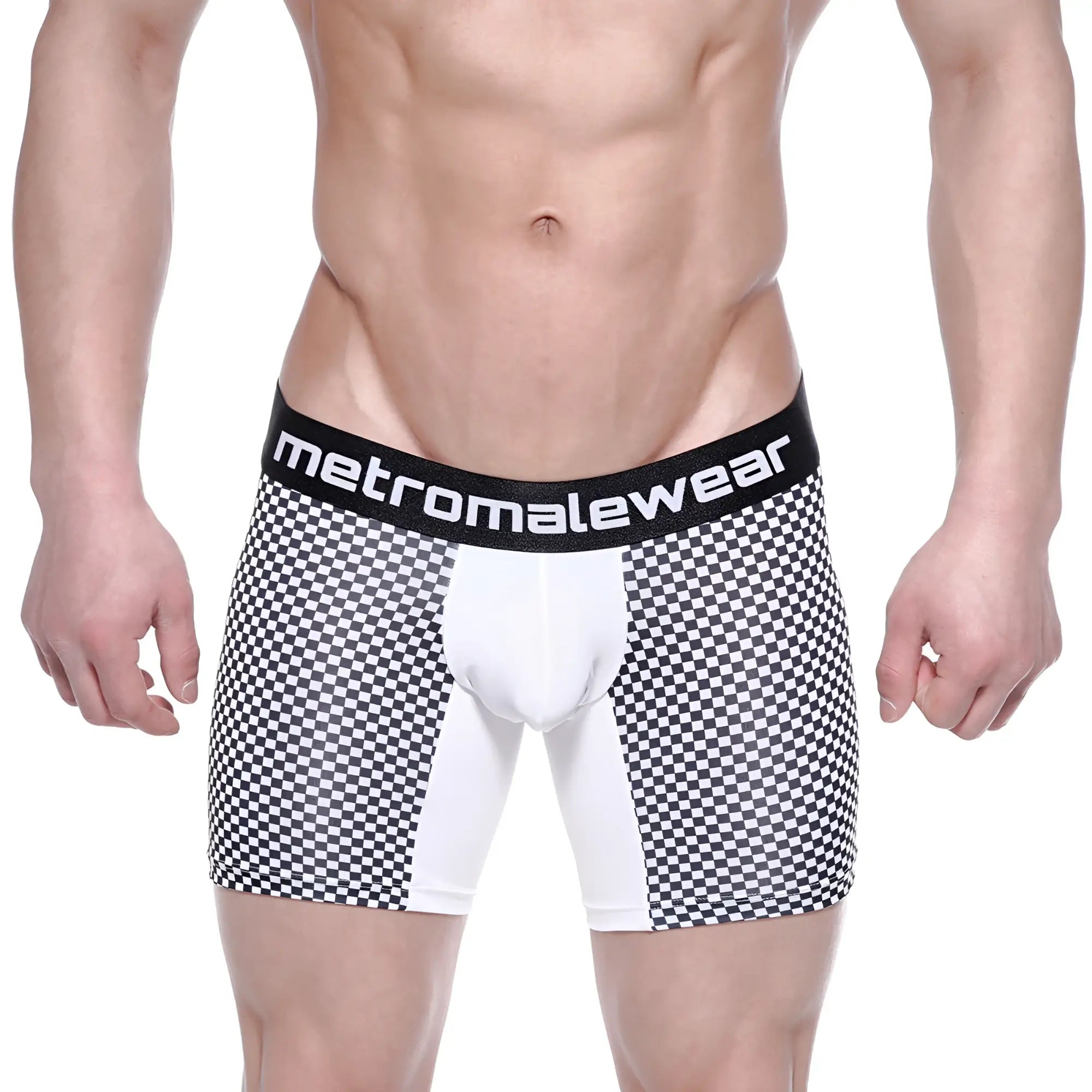 MetroMaleWear Mosaic Mid Boxer 10 inch 2023-30 black and white checkered boxer briefs with white panel and elastic waistband