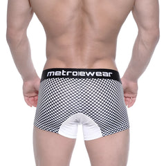 MetroMaleWear mosaic short boxer 7 inch black and white checkered briefs with white crotch panel and black waistband