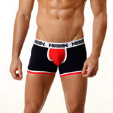 Navy blue and red men’s boxer briefs with white trim and bold m logo waistband metroMalewear multi color short boxer