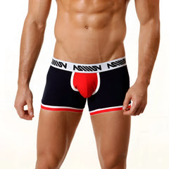 Navy blue and red men’s boxer briefs with white trim and bold m logo waistband metroMalewear multi color short boxer