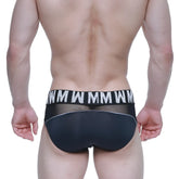 Black mesh briefs with bold white wmm logo waistband from MetroMaleWear MW Brief Black 5403-20 product