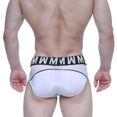White athletic briefs with black waistband and silver glitter lettering from MetroMaleWear model 5403-00