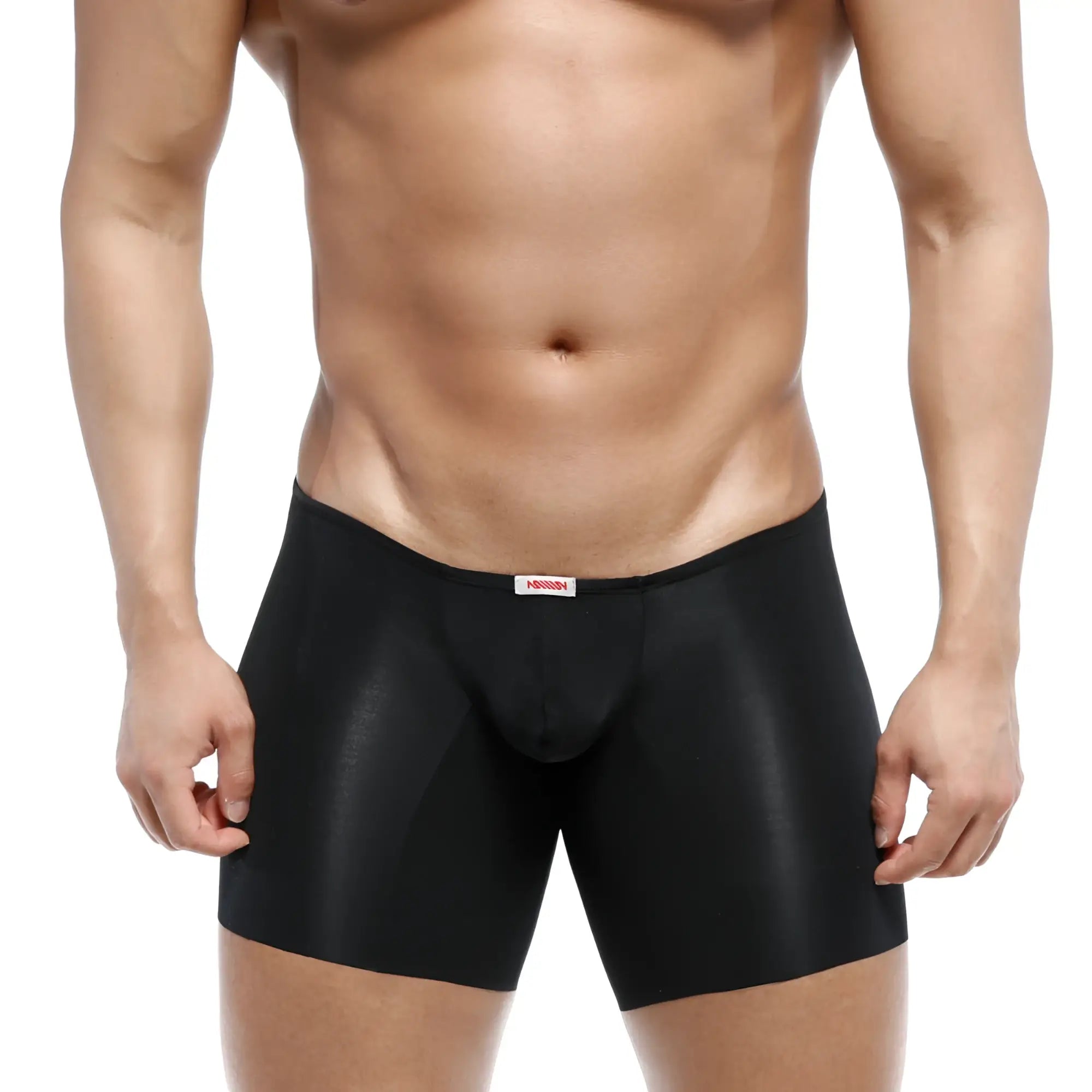 Black sleek form-fitting mens boxer briefs with satin-like finish and red brand tag metroMalewear naked mid boxer black 2034-30