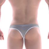 Gray and white mesh thong with a sleek modern design from metromalewear nano cheek trunk honeycomb coffee collection