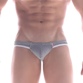 Gray and white patterned men’s briefs with a mesh honeycomb design from MetroMaleWear nano cheek trunk collection