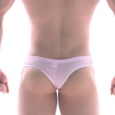 A light pink mesh thong with a solid waistband from metromalewear nano cheek trunk honeycomb pink 6108 84
