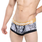 Black and white snake scale patterned men’s briefs with gold atromalewear waistband metroMalewear nano trunk 7016-61