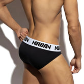 Black mens briefs MetroMaleWear Nasca brief black with white elastic waistband and bold black miiow branding