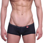 MetroMaleWear neon boxer black mesh briefs with subtle white dots and small red brand tag on the waistband