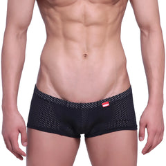 MetroMaleWear neon boxer black mesh briefs with subtle white dots and small red brand tag on the waistband
