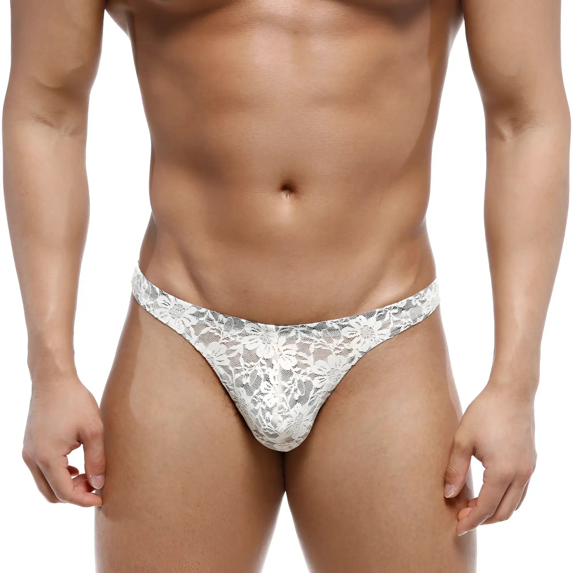 White lace thong with intricate floral patterns from metromalewear net g lace nude 1122-01 in nude color