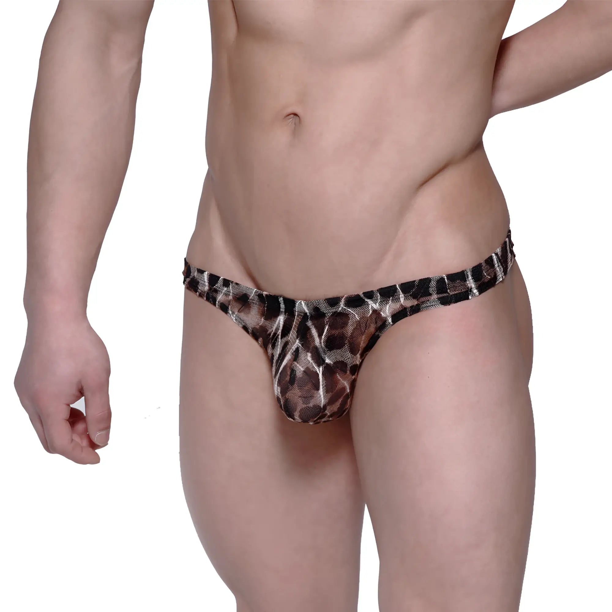 A sheer leopard-print mesh thong in black and brown tones by Metromalewear net g leopard 1122-60