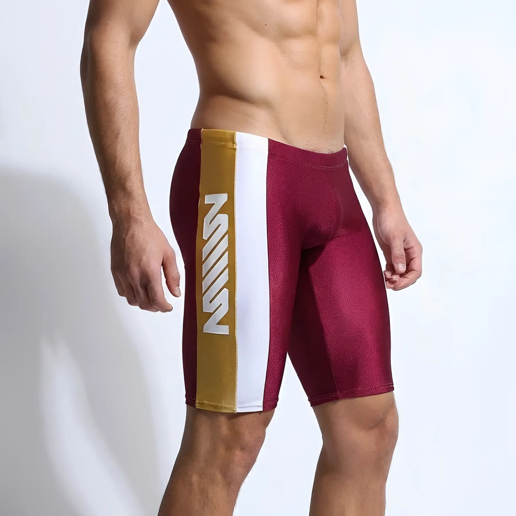 Maroon and gold MetroMaleWear New Jammer swim boxer with white stripe and z logo for athletic use