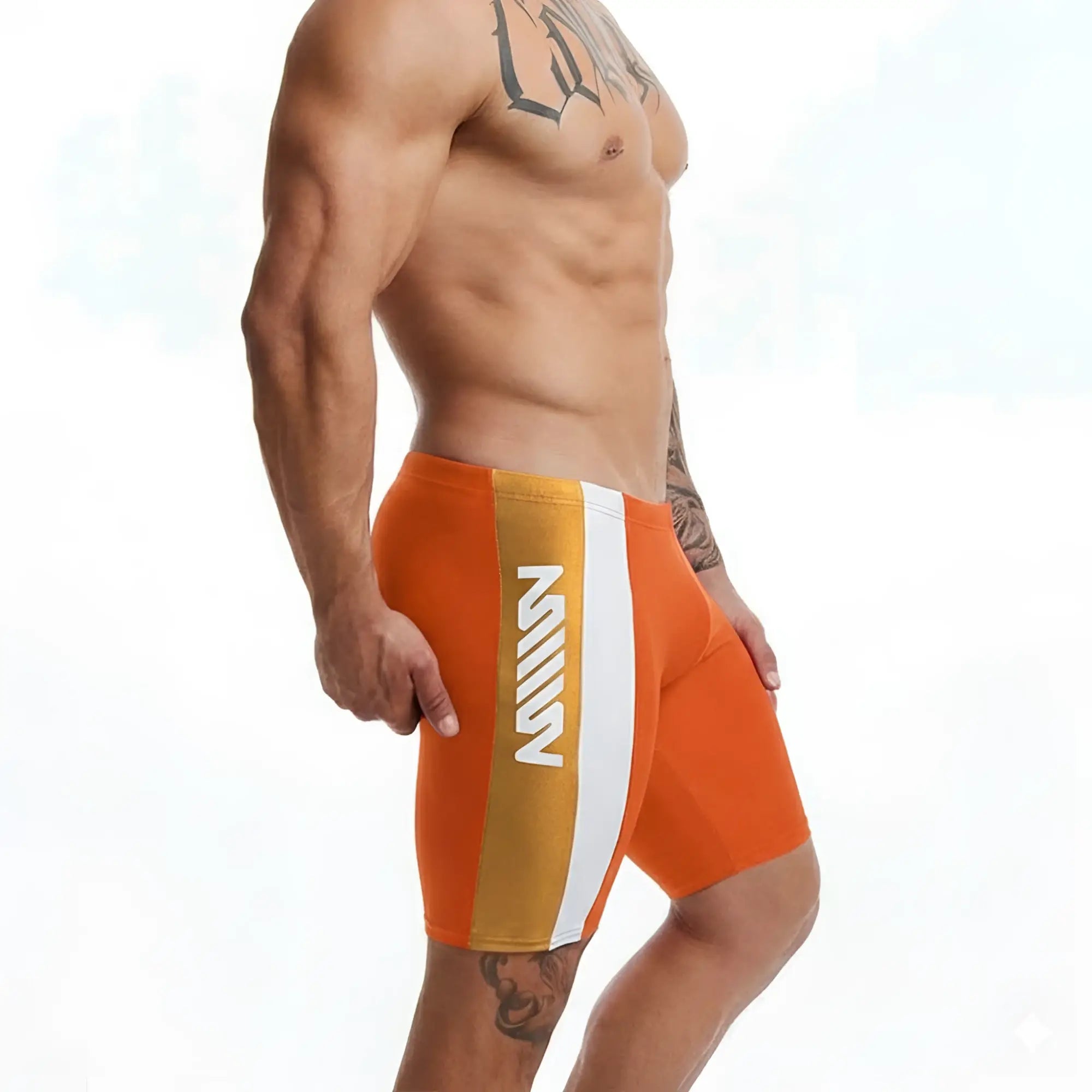 Orange and white athletic swim boxer with vertical stripe and mill branding for men by metromalewear