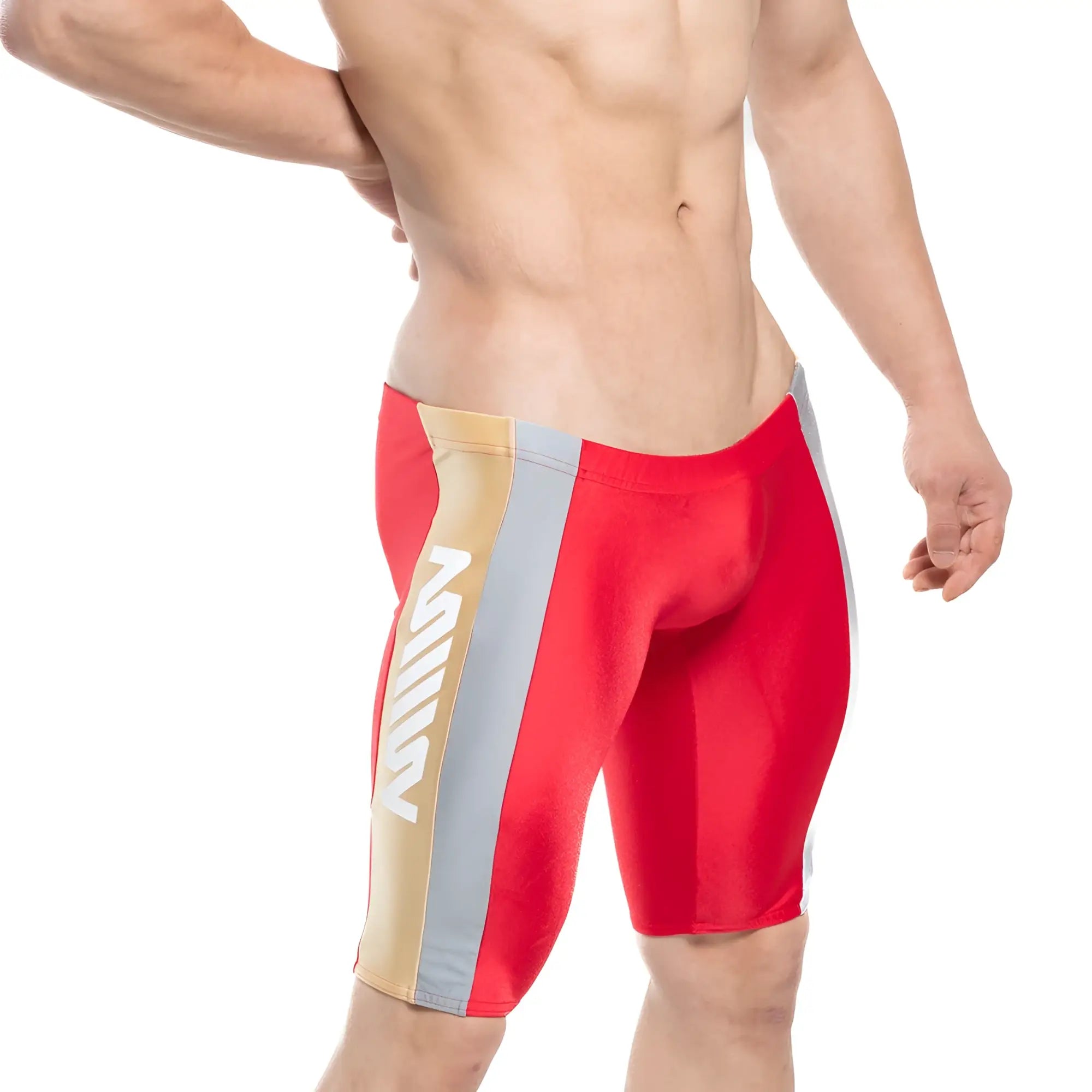 MetroMalewear new jammer swim boxer red 4994-12 athletic swim trunks with red gold and gray bold vertical stripes