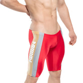 MetroMalewear new jammer swim boxer red 4994-12 athletic swim trunks with red gold and gray bold vertical stripes