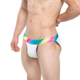 White men’s briefs metro malewear new pride bikini with vibrant rainbow-striped waistband and neon logo