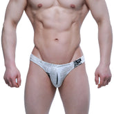 White briefs with black newspaper print and small black logo on waistband from MetroMaleWear newspaper bikini 5103-M78