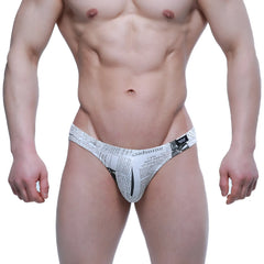 White briefs with black newspaper print and small black logo on waistband from MetroMaleWear newspaper bikini 5103-M78