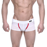 White athletic briefs metro male wear noto trunk with red trim mesh side panel and black logo tag