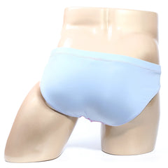 Light blue nylon briefs displayed on a mannequin from metromalewear nucleo bikini sax 5603-08 collection