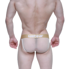 Beige mesh briefs with a gold waistband featuring the metear logo metro male wear nude bikini 3004 33