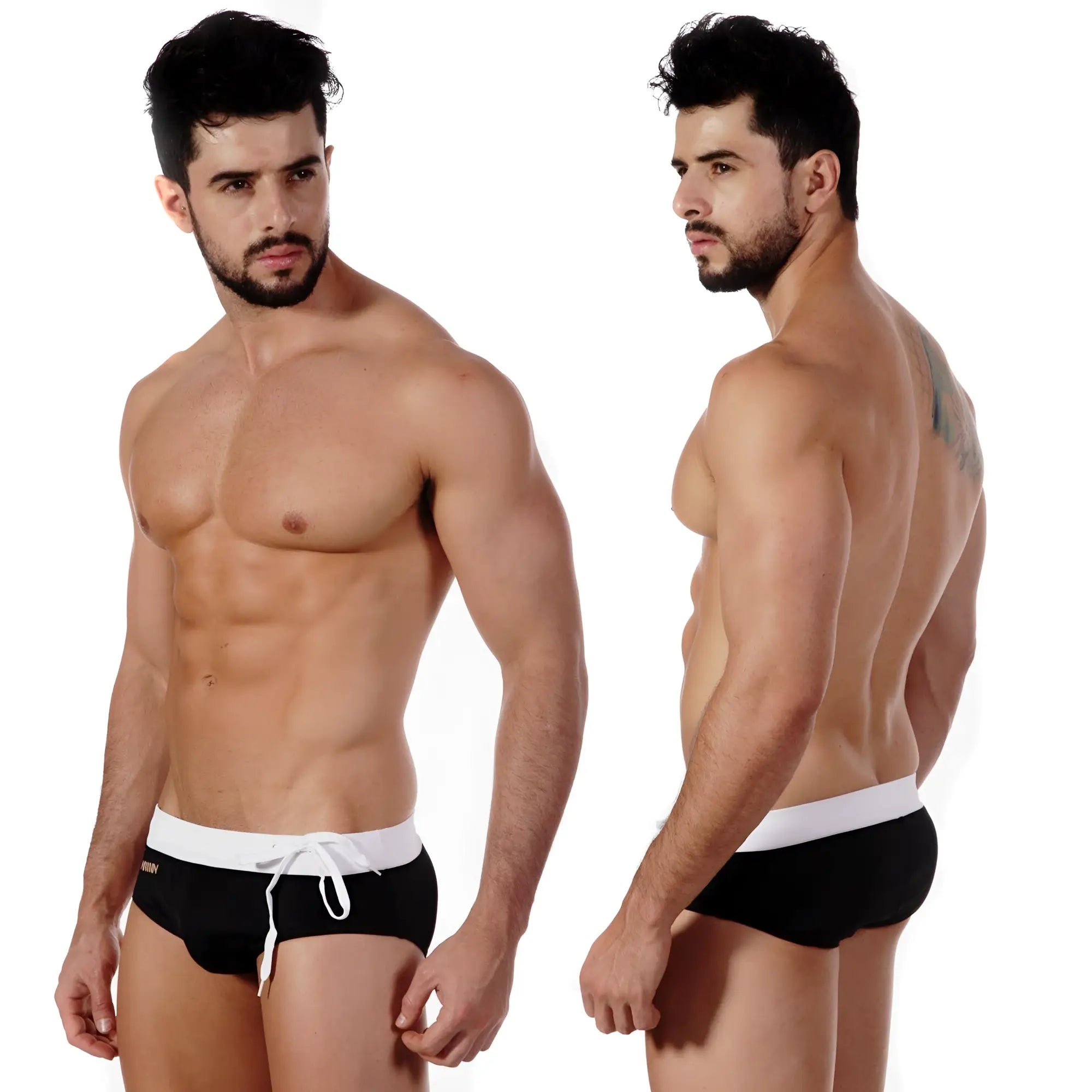 Black swim trunks with white waistband and drawstring by metromalewear obsidiana swim brief 4910-20