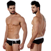 Black swim trunks with white waistband and drawstring by metromalewear obsidiana swim brief 4910-20