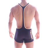 MetroMaleWear Olympian singlet black wrestling singlet with beige trim and bold stylized logo on the side