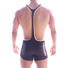 MetroMaleWear Olympian singlet black wrestling singlet with beige trim and bold stylized logo on the side