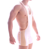 White and beige MetroMaleWear Olympian singlet 2094-00 wrestling singlet with sleek athletic design