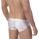 White sheer briefs with a smooth glossy finish from metro male wear olympian swim brief navy 4905-28 product line