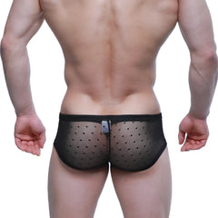 Black mesh briefs with subtle polka dot pattern metroamalewear oporto trunk 2125-71 front view