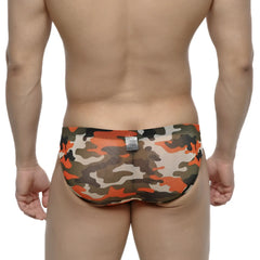 Metro male wear orange camo hip brief 5103-80 with orange green and beige camouflage pattern made of stretchy fabric