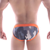 MetroMaleWear orange camo split swim brief in gray and white camouflage with orange trim for men