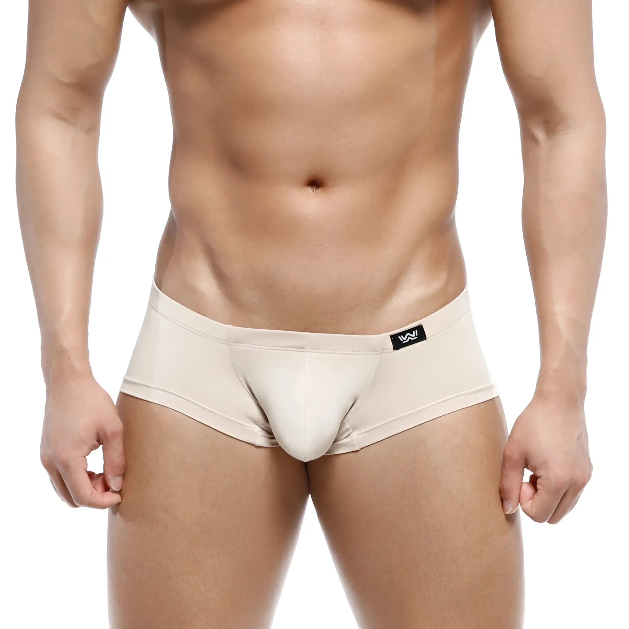 Beige metro male wear oscar boxer briefs with smooth form-fitting design and black logo on waistband