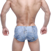 MetroMaleWear Oscar boxer denim blue light blue patchwork denim shorts with multiple pockets and button details