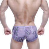 Purple denim-patterned metro male wear oscar boxer briefs with tailored fit and stitched pocket details