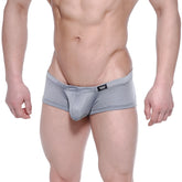 Gray mesh men’s briefs with subtle dotted pattern and black logo on waistband from metromalewear oscar boxer collection