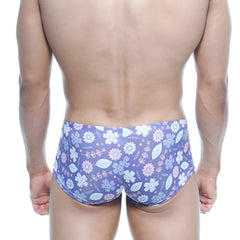 MetroMaleWear Oscar Boxer Jardin 2125-44 purple floral swim trunks with pink white blossoms and green leaves on stretchy fabric