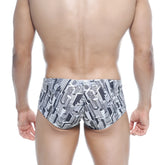 Black and white graphic swim trunks with detailed cityscape pattern by MetroMaleWear Oscar boxer Metro 2125-48