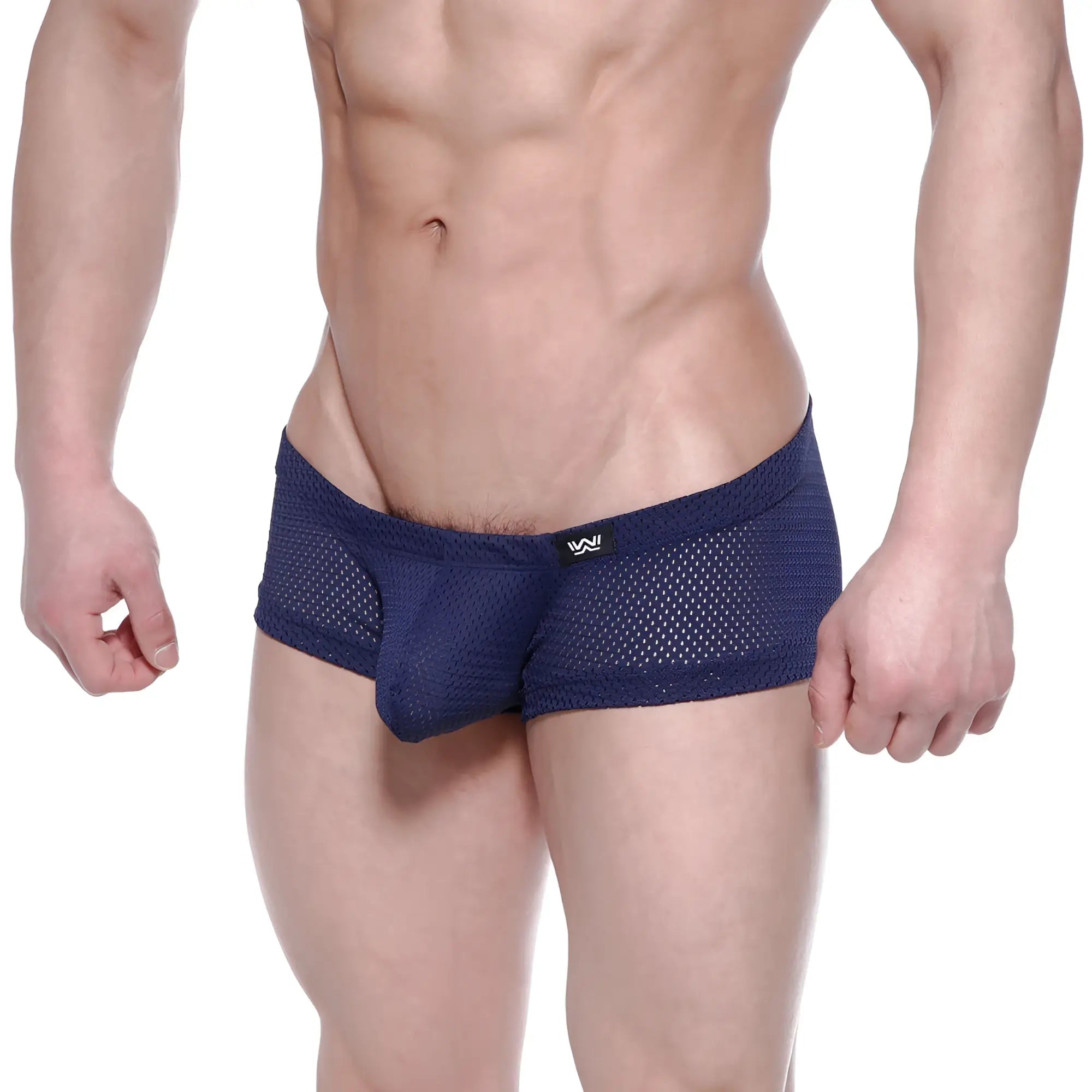 Navy blue mesh briefs with subtle brand logo on waistband metro male wear oscar boxer 2125-28 front side view